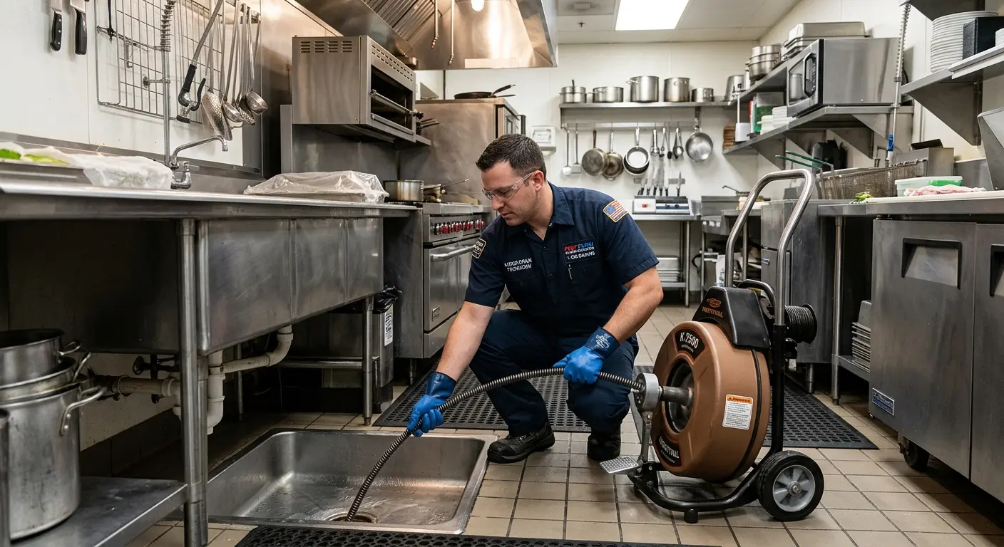 Commercial drain cleaning service in a restaurant kitchen in Colts Neck