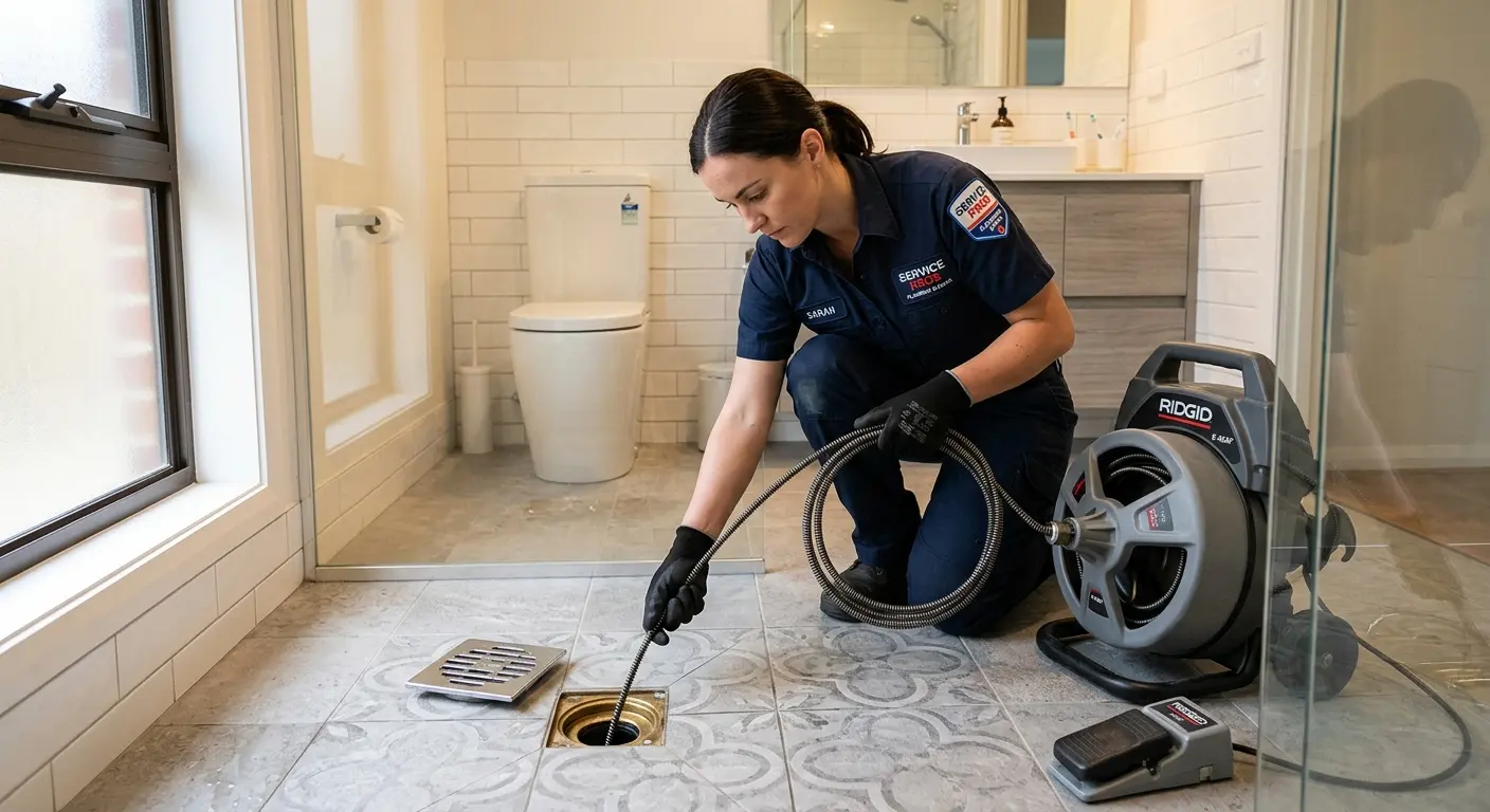 Technician clearing a bathroom floor drain for Drain Repair in Colts Neck